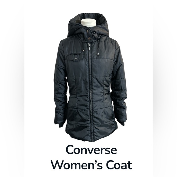 Converse Jackets & Blazers - Y2K Converse One Star Women’s Black Hooded Jacket Puffer Coat size Small (D67)‎